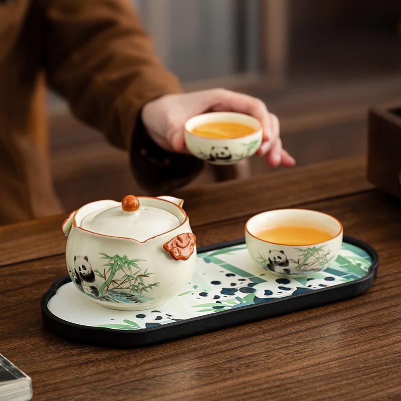 Travel tea set Portable wind panda holding bamboo Ru kiln binaural teapot Business gift Kuaike cup