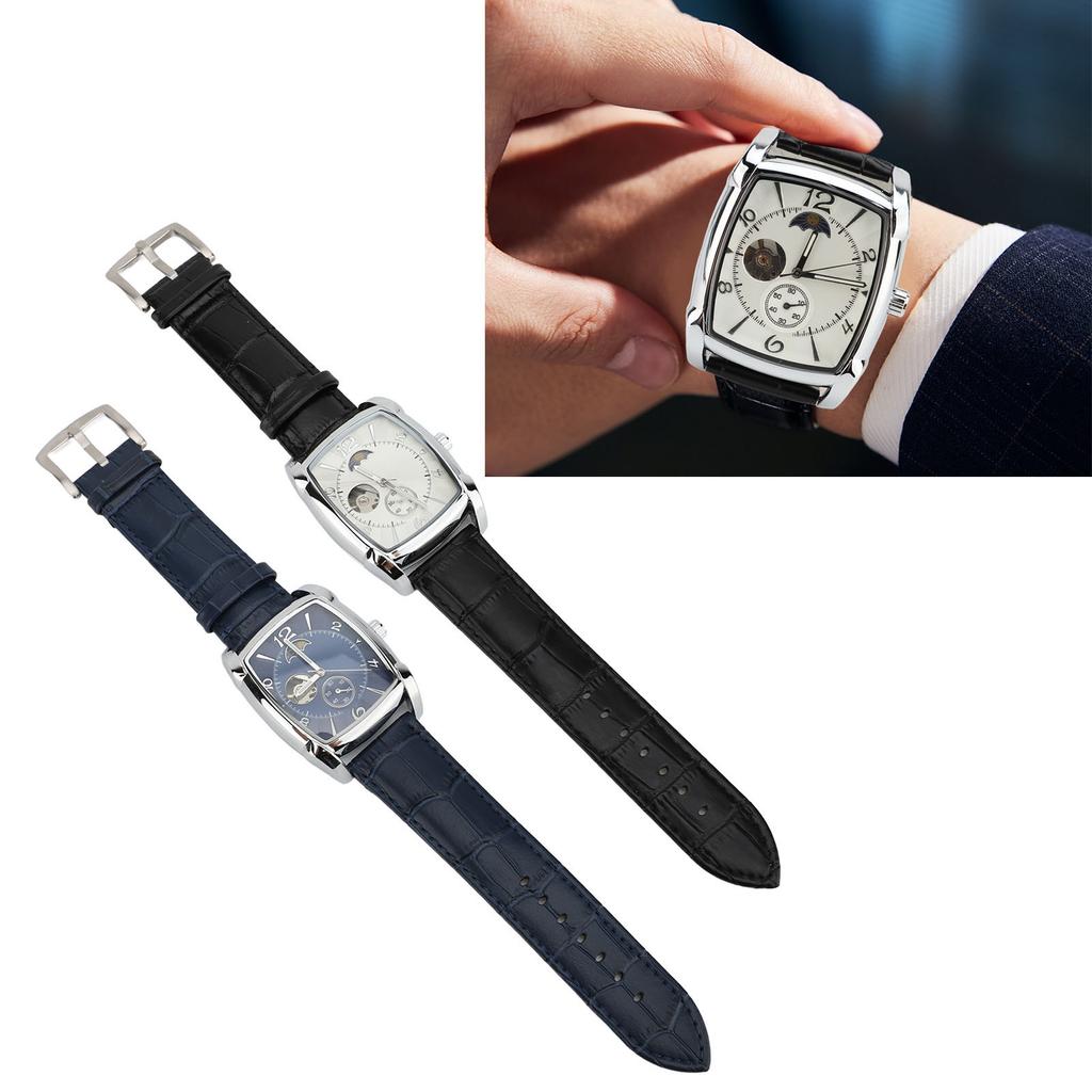 Skeleton Automatic Mechanical Wrist Watch for Men Moon Phase Self Winding Water Resistant PU Leather