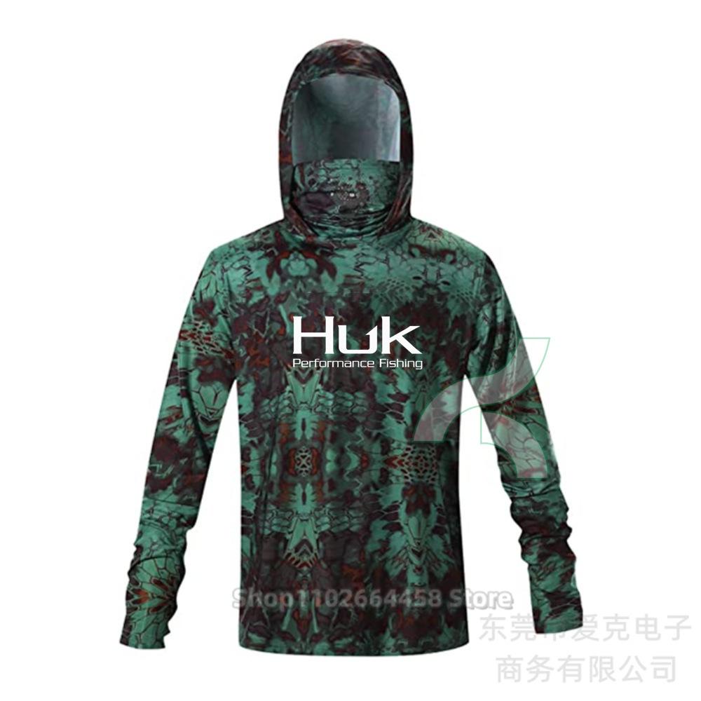 HUK fishing suit men's hoodie summer sun protection long sleeve fishing top with mask outdoor sports fishing shirt
