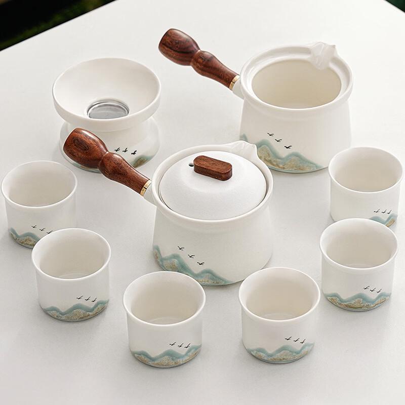 Zhuijia Rustic Ceramic Far Mountain Kung Fu Tea Set 6 Cups, 9-piece, Elegant White