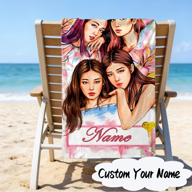 Custom Name Floral Fantasy Kpop Microfiber Beach Towel Super Soft & Absorbent for Bath, Beach, Travel Bath Time Accessory, Fan Gifts