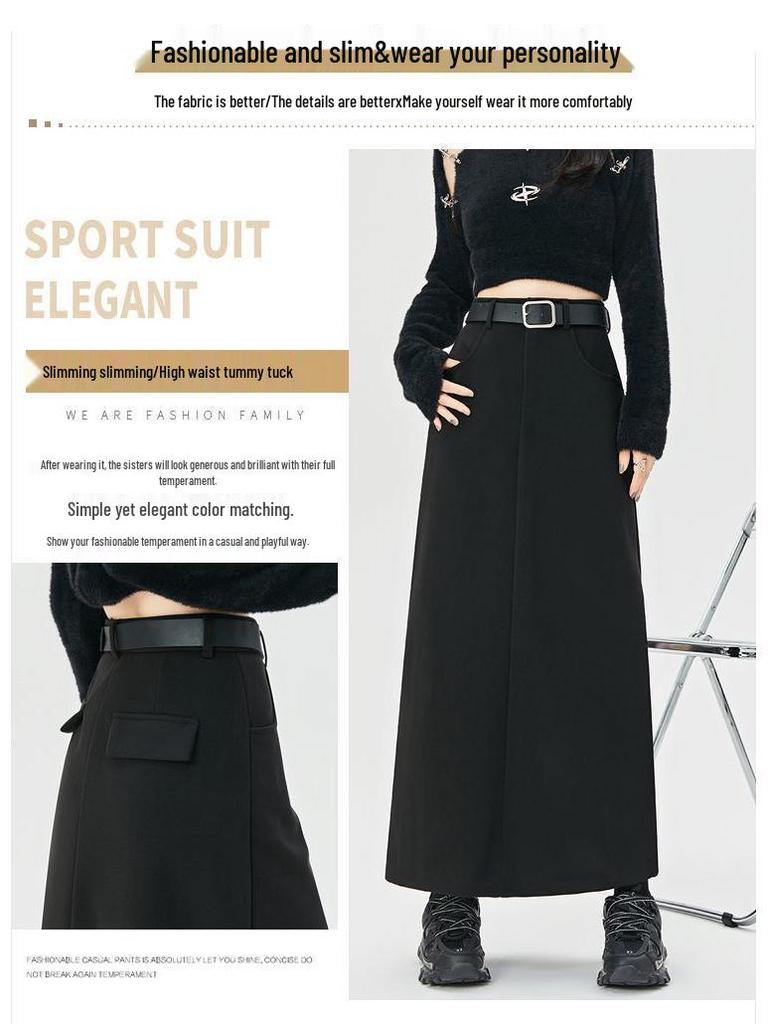 Women's High-Waist Woolen Midi Skirt - Slimming Bodycon with Slit for Autumn/Winter