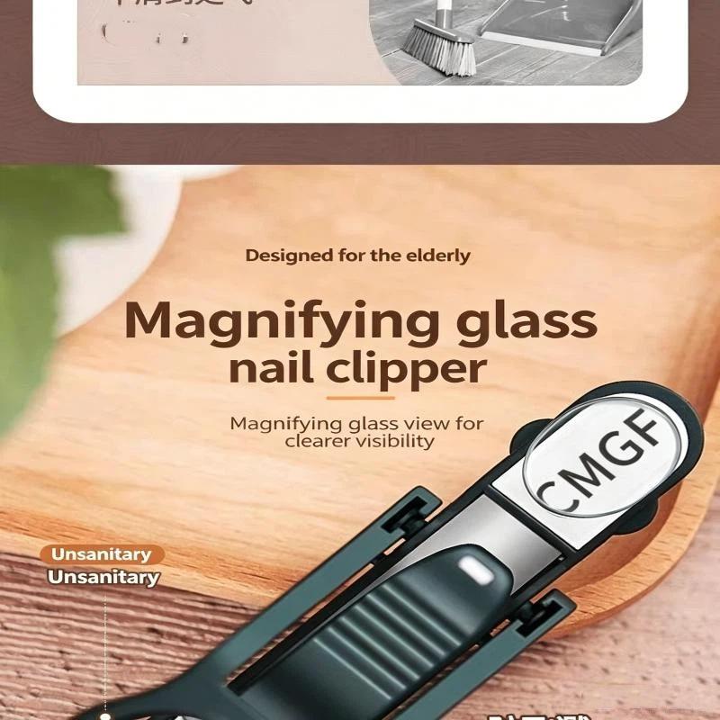 Stainless Steel Nail Clipper With Magnifying Glass Anti-Splash Heavy Duty Sharp Trimmer for Hard Thick Nails Elderly Home Use