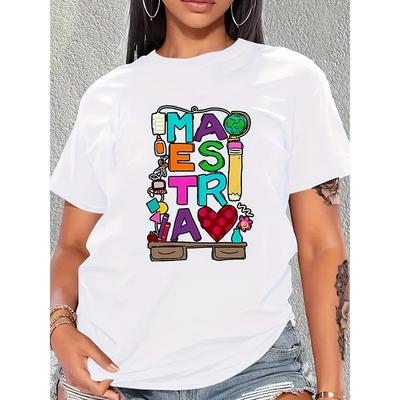 Europäische Größe Grafikdruck T-Shirt, Lässiges Rundhals-Kurzarm-Oberteil für Frühling & Sommer, Damenbekleidung