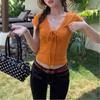 Women Orange Lace Trim Bow V Neck Short Sleeve Cropped Casual Top