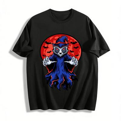 Halloween Dark Style Raccoon Wizard Graphic Casual Top Pure Cotton T-shirt