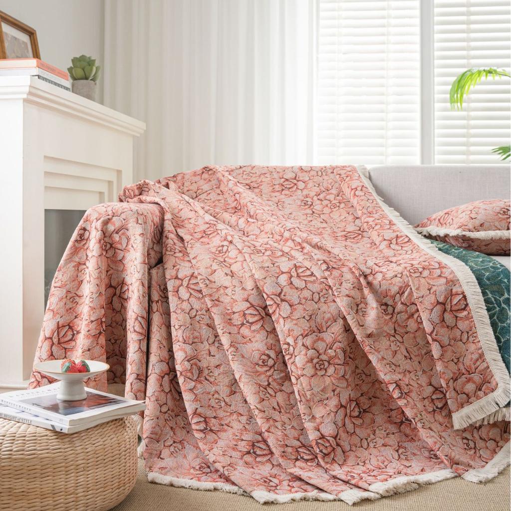 Exquisite sofa towel anti-cat scratch jacquard succulent pink retro thick sofa cover blanket factory