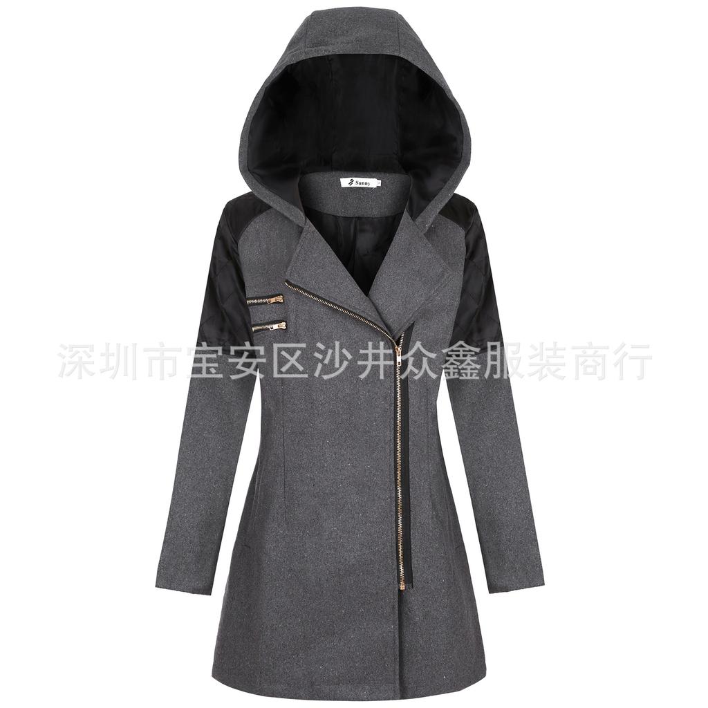 Autumn and Winter New Oblique Zipper Hooded Woolen Trench Coat Medium and Long Thickened Warm Jacket Cotton Clothes Women's Coat