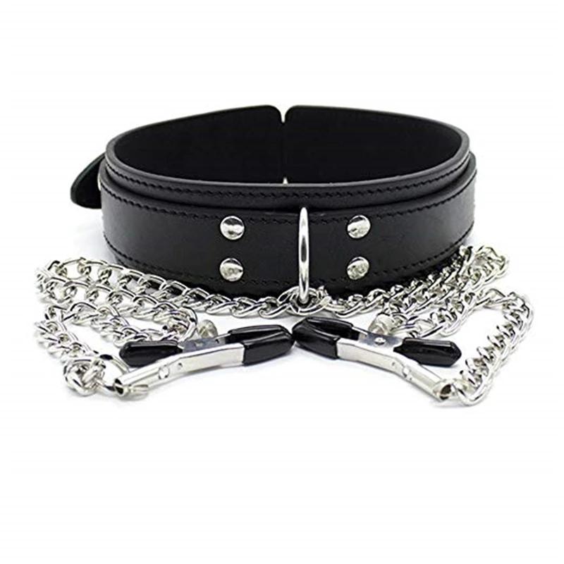 Faux Leather Choker Collar with Nipple Breast Clamp Clip Chain Couple Funny and Interesting Adult Games SM Sex Toys for
