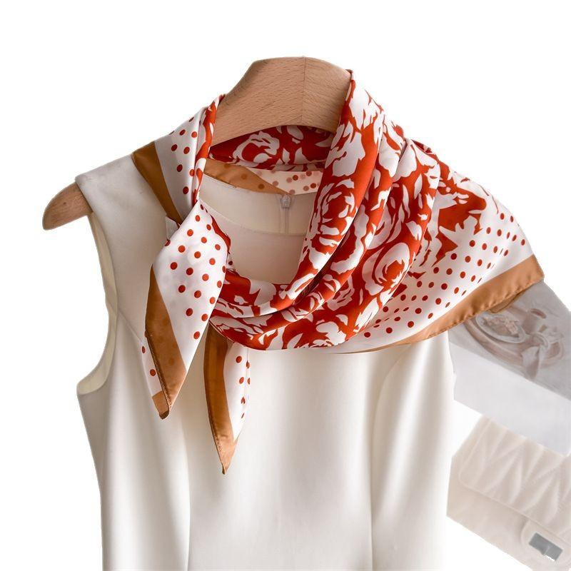 Polka Dot Rose Print Silk Scarf Square Scarf High-End Shawl Professional Versatile Neck Small Square Scarf Headscarf