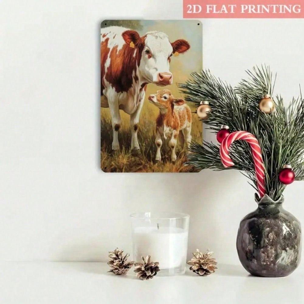 Metal Poster Cow Calf Wall Art, Rustic Farmhouse Decor for Garage