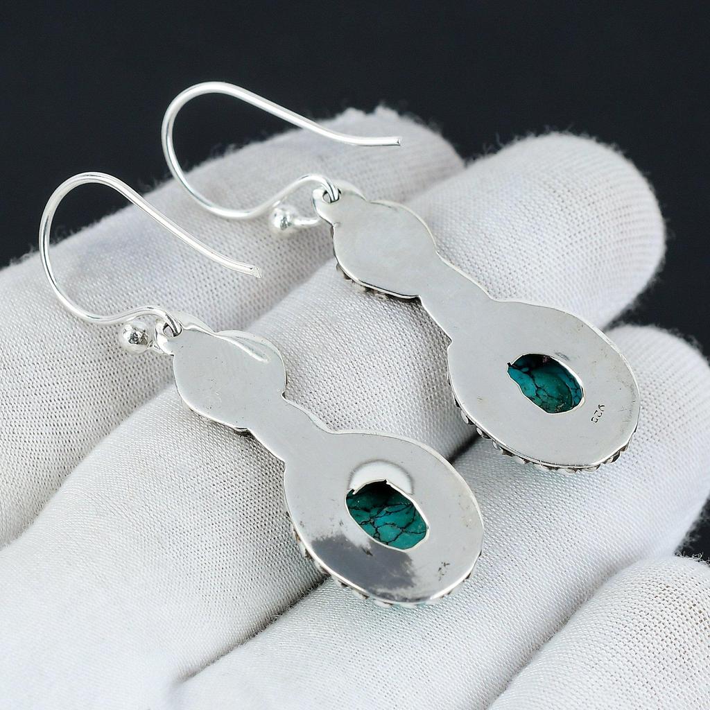 Tibetischer Türkis Ohrring, 925 Sterling Silber Ohrring, handgemachter Ohrring, ovaler blauer Türkis Ohrring, Geschenk für Mutter, Edelstein Ohrring