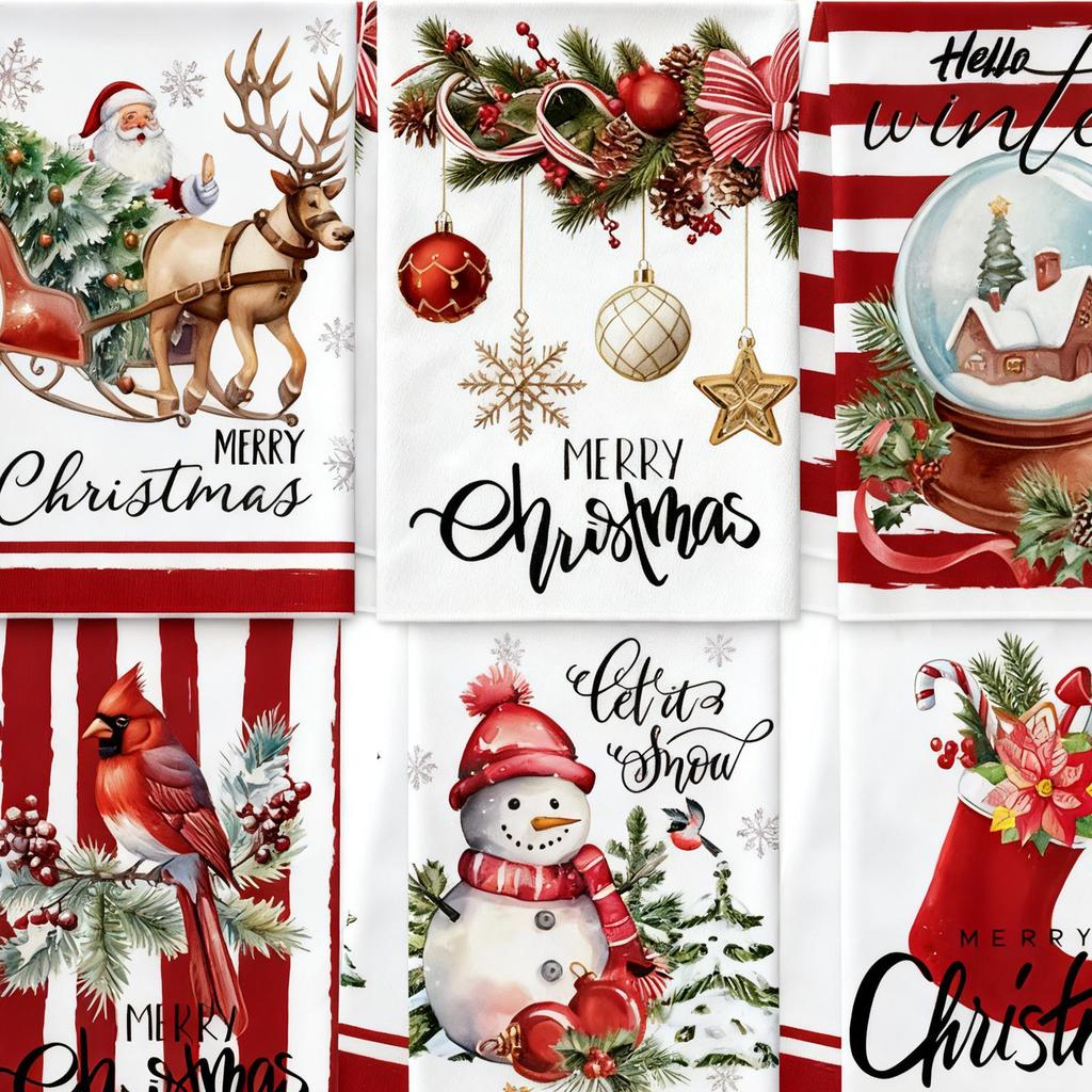 Christmas Dish Towels 6-Piece Absorbent Microfiber Seasonal Winter Christmas Towels Holiday Decor For Home Farmhouse Desktop