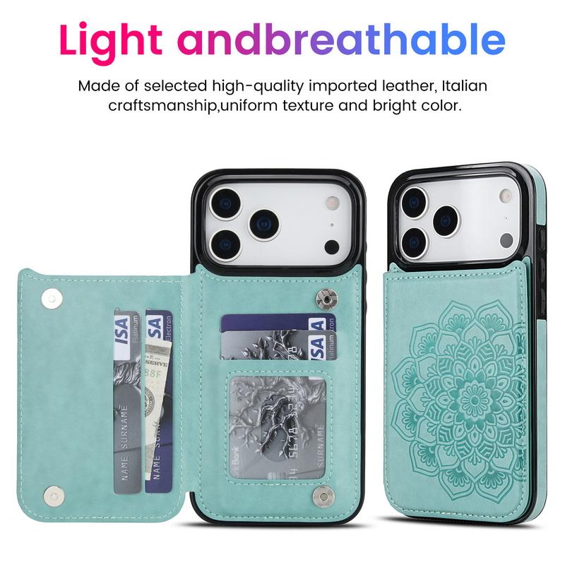 Mandala Card Pocket Leather Wallet Case For iPhone 17 Pro Max 16 15 Pro Max 14 13 12 11 Magnetic Metal Buckle Card Holder Back Cover