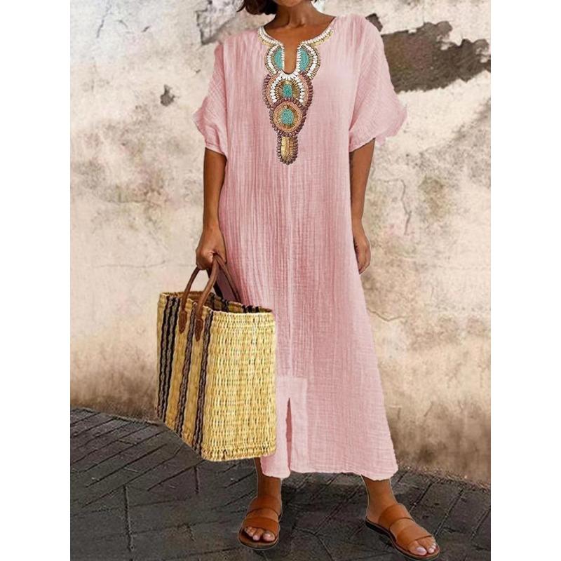 

Хлопково-льняное вышитое платье с разрезом S розовый