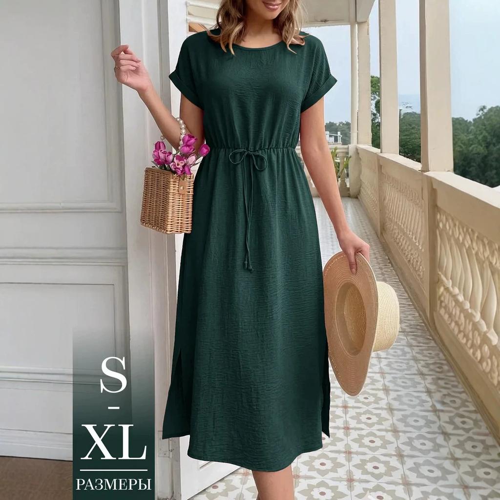 women's crinkle textured round neck drawstring waist short sleeve side split midi sundress summer casual beach dress