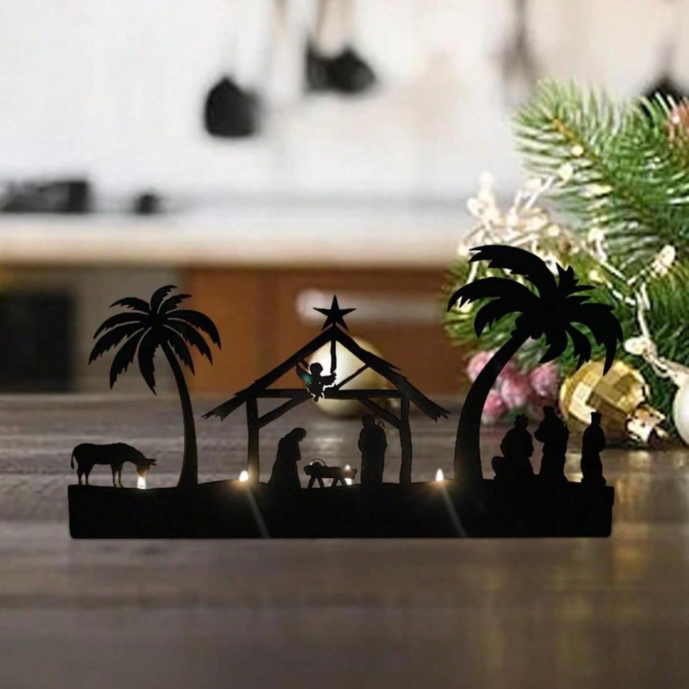 Metal Nativity Candle Holder, Christmas Advent Candlesticks, Rustic Jesus Scene Decoration for Home, Xmas Party Table Fireplace Mantel Decor