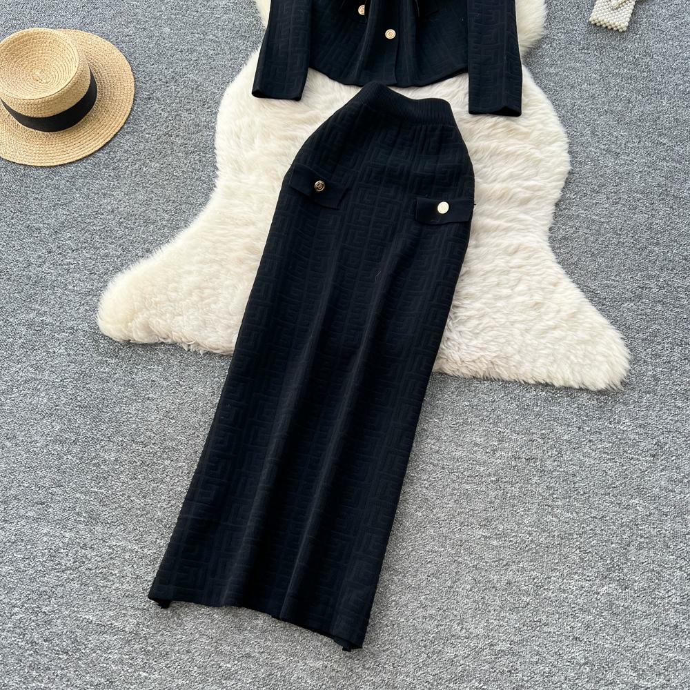 Autumn Winter Women Designer Knitted Sweater Two Piece Set Blazer Collar Cardigans Coat and Long Maxi Sheath Skirt Outfits With Belt