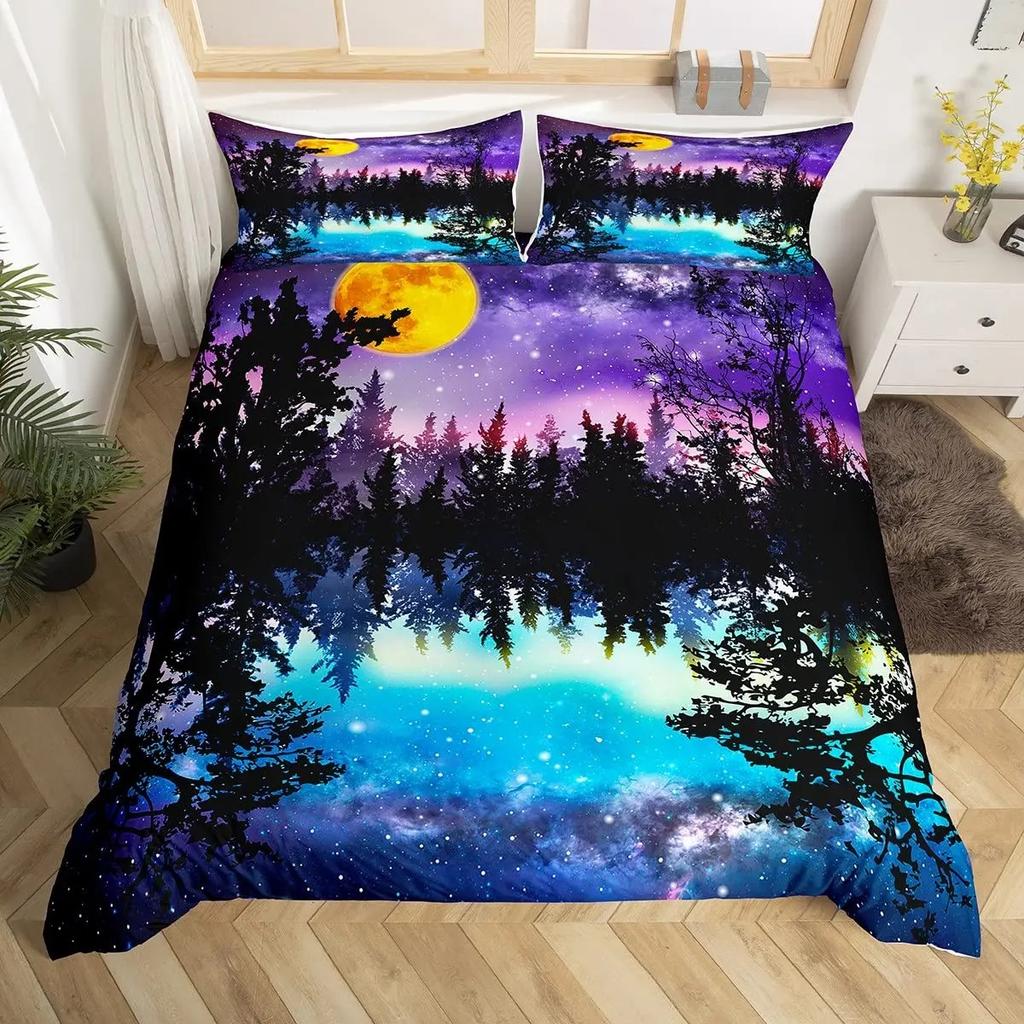 Nature Landscape Duvet Cover Sunset Comforter Cover Lake Landscape Bedding Set Polyester Spring Flower Bedspread Cover King Size