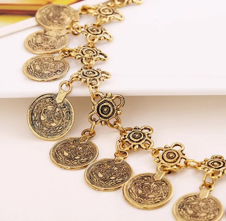 Party Hippy Boho Beach Turkish Jewelry Gold Color Coin Vintage Bohemia Carved Coin Anklet Bracelets Bangles for Woman Pulseras