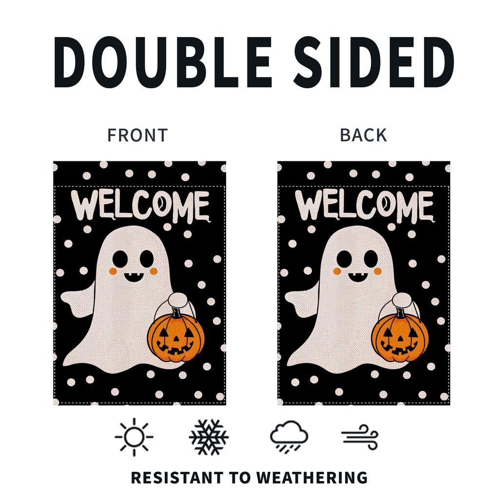 1pc Halloween Ghost Boo Garden Flag Burlap Welcome Seasonal Holiday Yard Outside No Flag Pole 12X18 Inch