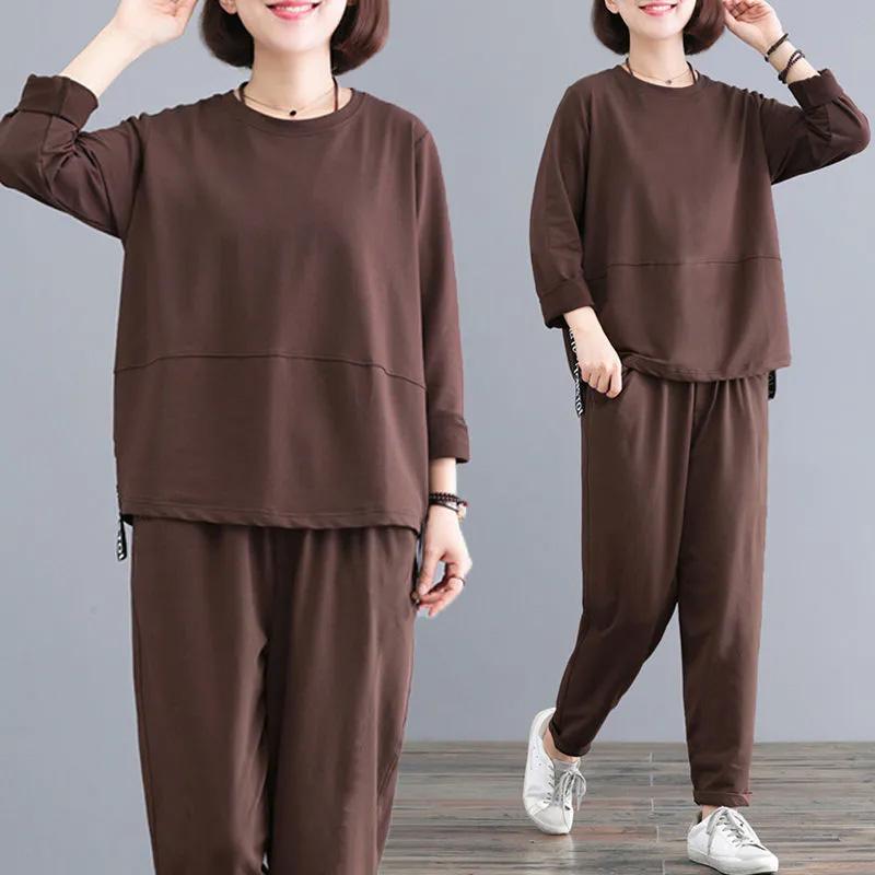 Dámský oblek Velká velikost Bavlněná košile s dlouhým rukávem Kalhoty Dvoudílný Kulatý výstřih Top a Dlouhé kalhoty 2dílný oblek