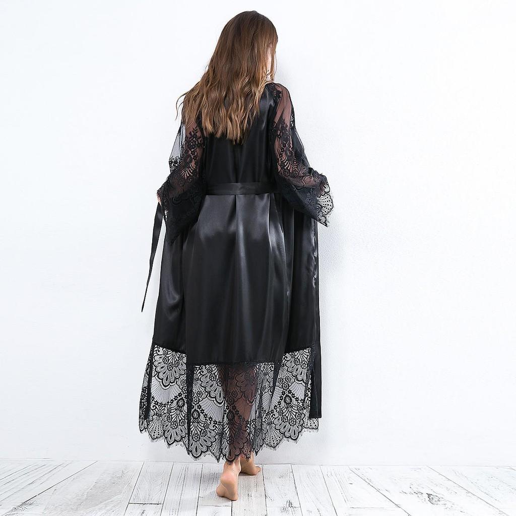 Plus Size Lace Trim Long Robe - Sexy Nightgown Lingerie for Women