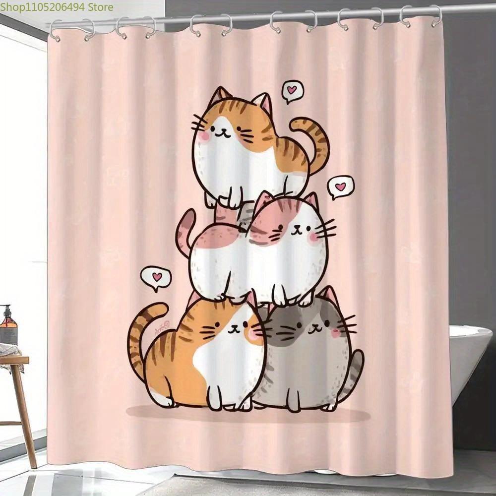 1pc Cute Cat Bathroom Shower Curtain, Cozy Family Theme Valentine's Day Decor with 12 Hooks, 180x180cm Home Window Partition W
