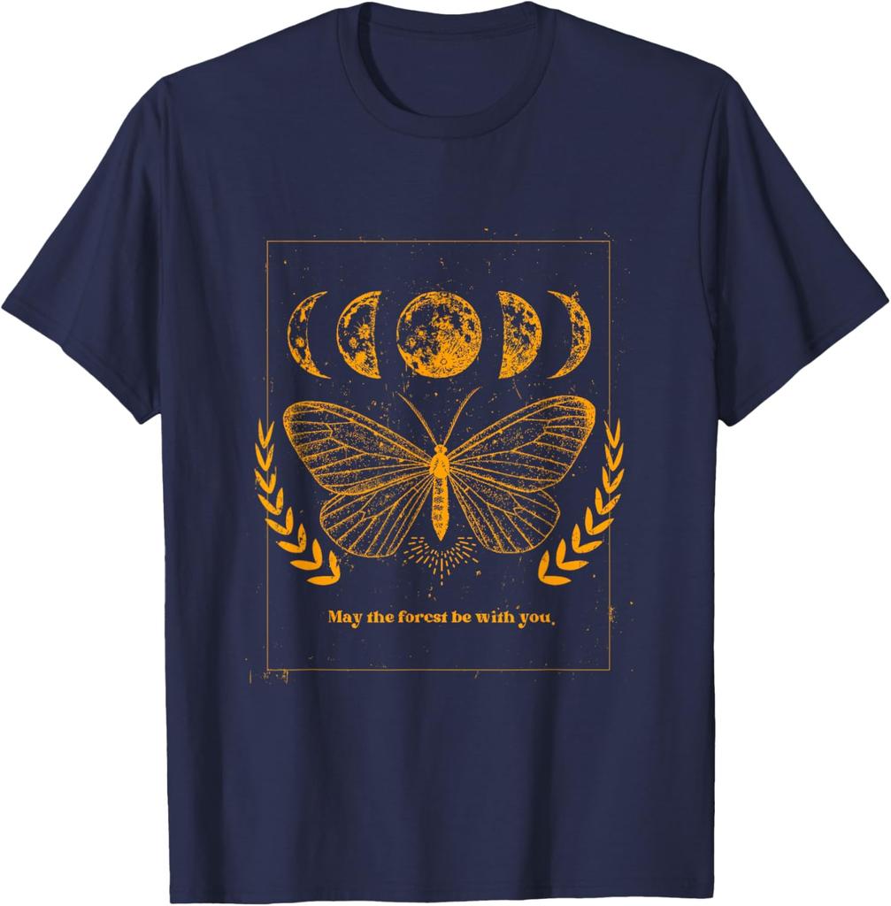 Celestial Butterfly Moon Phases Forest Wish Graphic Tee Casual Crewneck T-Shirt For Men