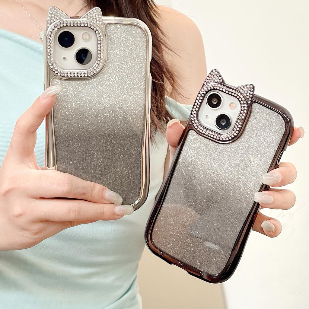 Diamentowe Uszy Kota Odpowiednie do Etui na Telefon IPhone16 Gradientowy Brokatowy Puder Apple 15 All Inclusive 14ProMax Miękkie Etui 13