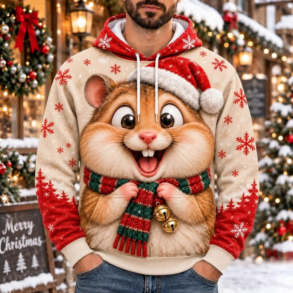 Men's Casual Loose Fit Hooded Long Sleeve Top with Christmas Print for Holiday Parties