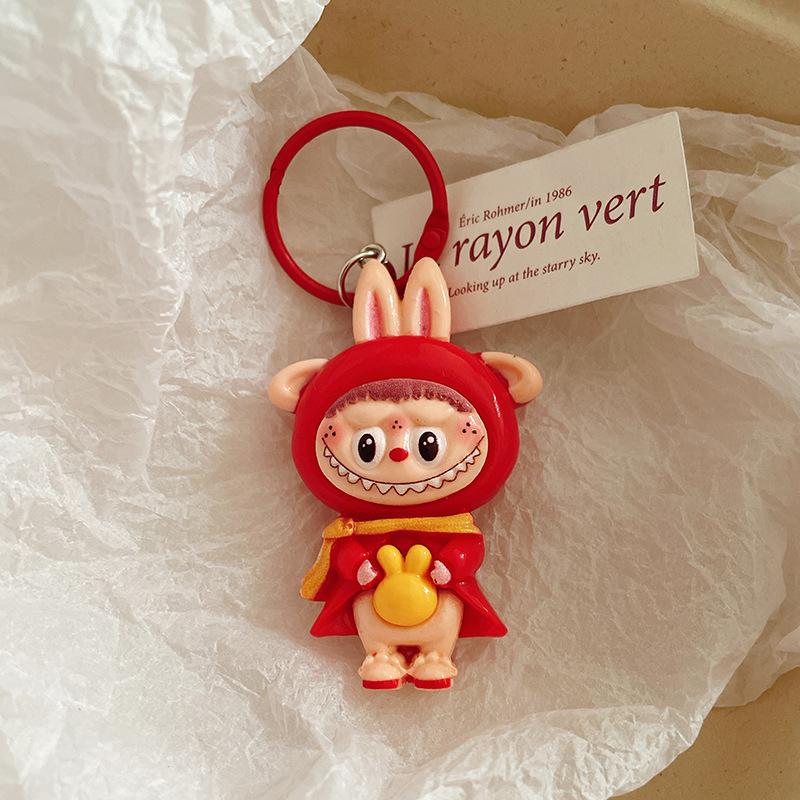 Cute Red Cartoon Large Size Labubu Keychain Kawaii Cartoon Doll Keyring Bag Pendant Lovely Key Accessories For Girl Gifts