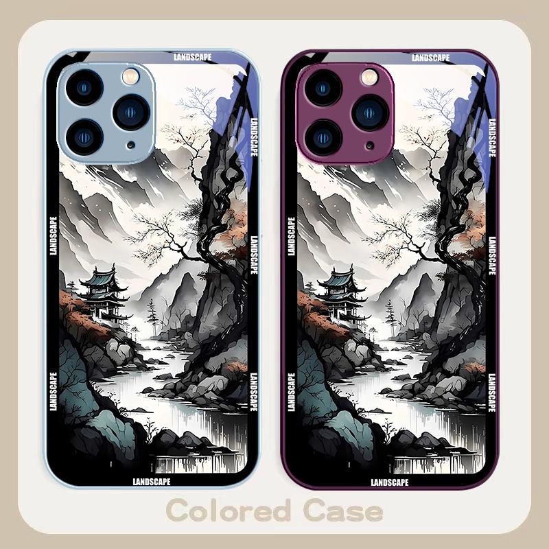 Chinese Landscape Painting For Iphone 16 Plus 15 14 13 12 Mini 11 Pro Max X XS XR 7 8 Plus 2022 Tempered Glass Phone Case
