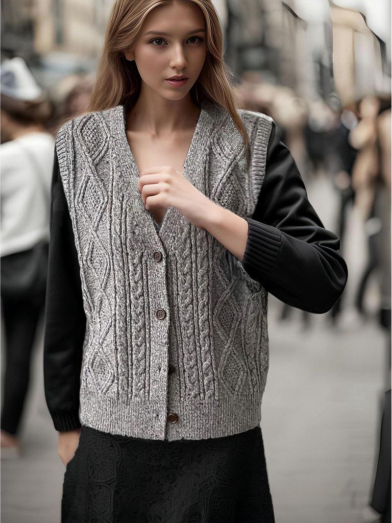 Speckled Dots Retro Diamond Button V-neck Sleeveless Autumn/Winter Women's Cardigan Vest
