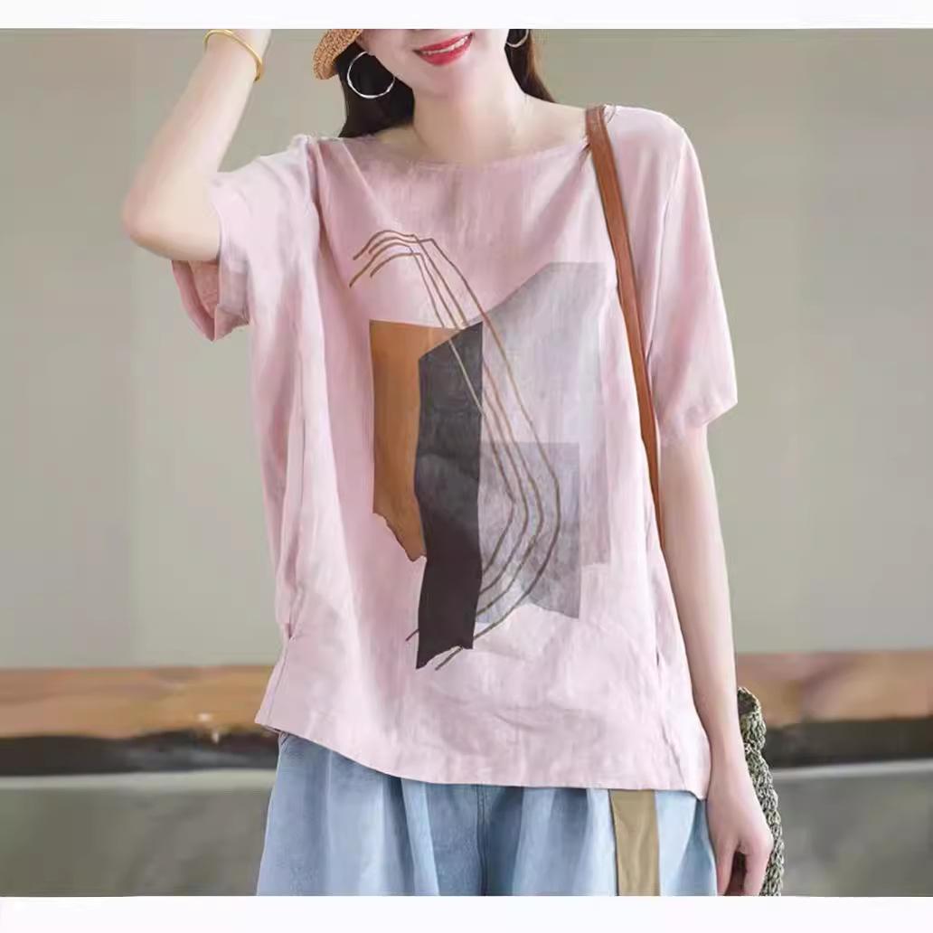 

Футболка с короткими рукавами из хлопка и льна с принтом «Литературный темперамент», женская летняя повседневная свободная футболка большого размера из хлопка и льна XL розовый