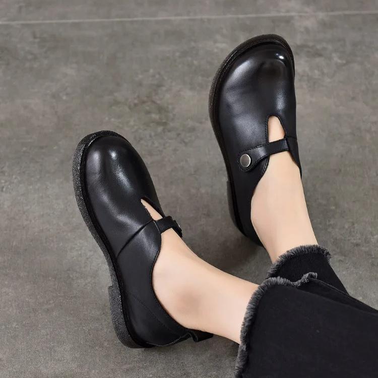 Johnature Retro Versatile Loafers Round Toe Genuine Leather Women's Low Heel Shoes