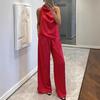 Tenues 2 Pièces en Satin pour Femmes Haut Halter Sans Manches et Ensemble Pantalon Large Décontracté Vacances Lounge