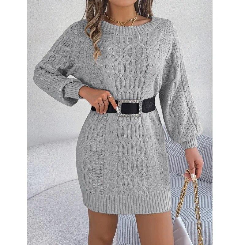 Vintage O-Neck Twisted Knitted Dress Casual Lantern Long Sleeve Sweater Dress Elegant Warm Solid Womens Knitwear Vestidos 29889