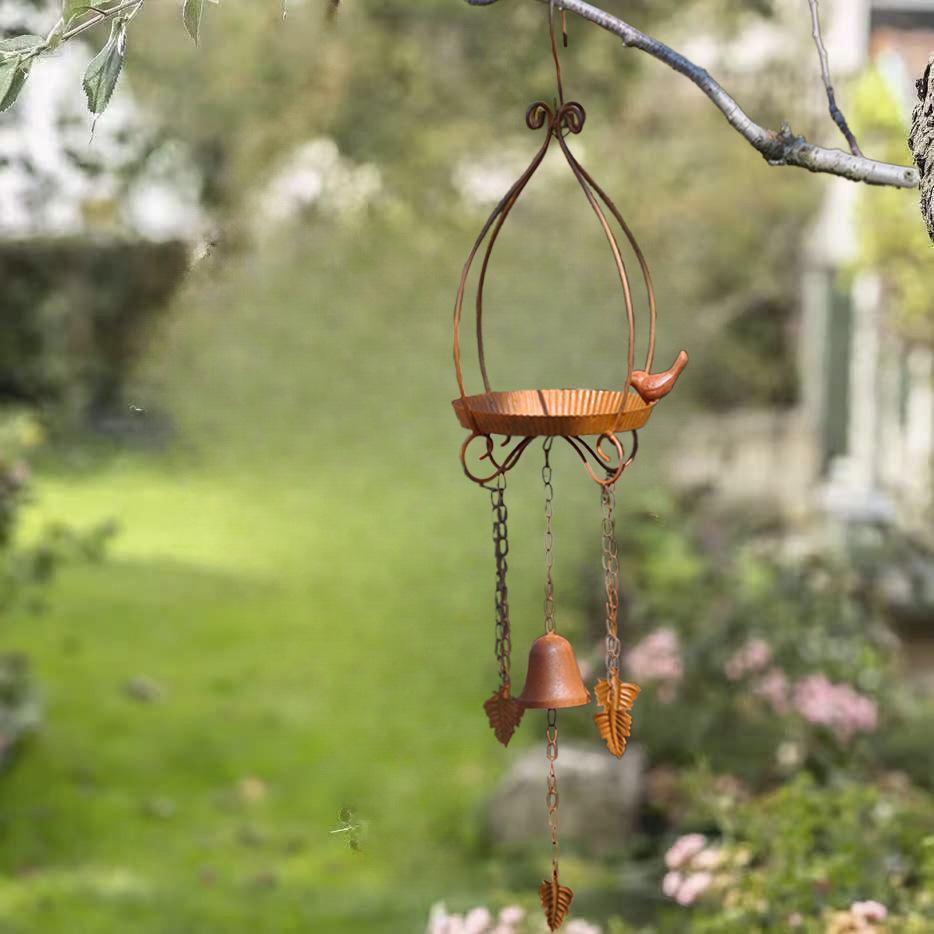Rust-Colored Small Birdhouse Feeder with Bell Wind Chime.