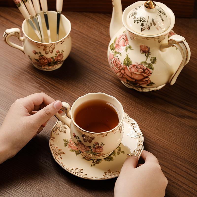 1cup + 1Saucer Flowering Tea Cups and Saucers Set, Tea Set, Ivory Ceramic Floral Tea Cups Set Coffee Cups Set
