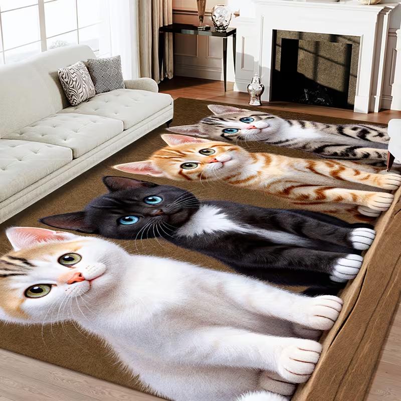 Adorable 3D Kitten Print Area Rug for Living Room Decor 2D Falt Print Cute Cat Floor Mat for Bedroom Sofa Playroom Home Decor