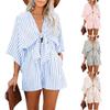 Summer Women High Waist Striped Jumpsuit, Deep V Flared Sleeve Cropped Wide Leg Romper, Slimming Casual Outfit for Vacation