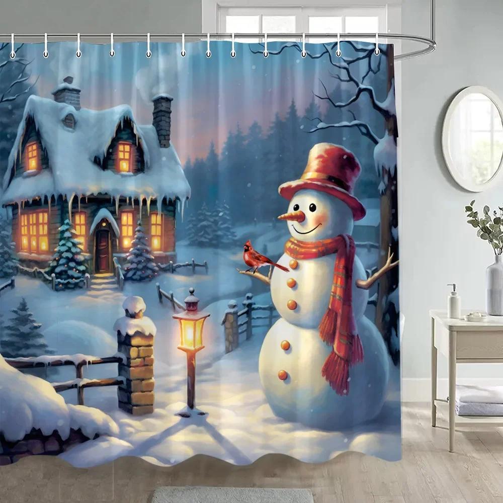 Christmas Snowman Shower Curtain Winter Forest Red Berry Birds Snowy Scene Xmas Bath Curtains Fabric Wall Hanging Bathroom Dec