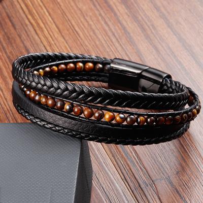 Zwart Leren Touw Koeienhuid Mannen Dubbele Laag Natuursteen Geweven Armband Handgemaakte Meerlaagse Leren Armband 2026