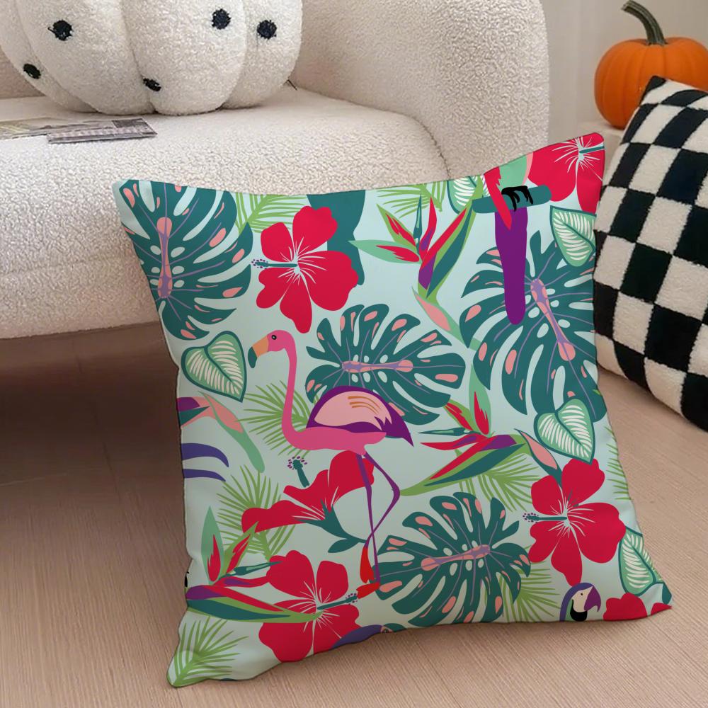 Forest Flamingo Palm Leaves Plant Pattern Art Cushion Cover Throw Pillow Cover Hidden Button Durable Polyester Chair Cushion