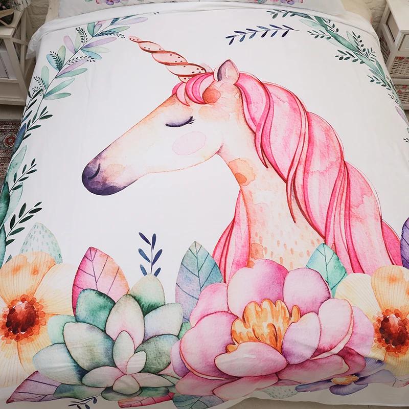 Comforter 3D Print Pink Flowers Unicorn Bedding Set For Girl And Kidcartoon Twin Cute Birthday Presenthome Textile 150X200