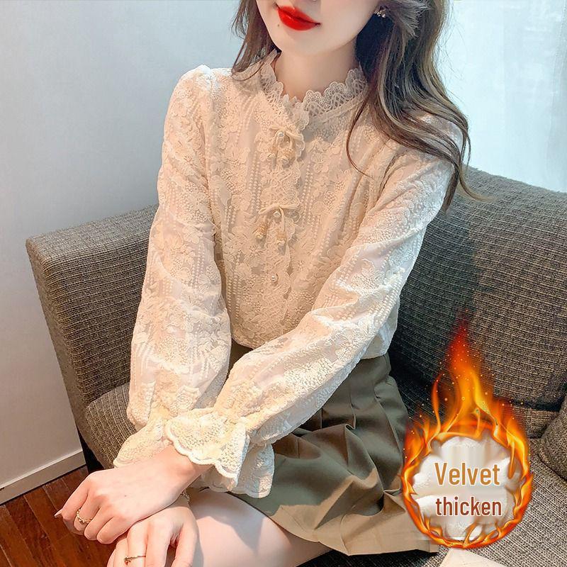 

Women s Fleece-Lined Stand Collar Lace Base Layer Shirt with Bowknot Bell Sleeves - Autumn/Winter 2025 Collection M 95-110 lbs