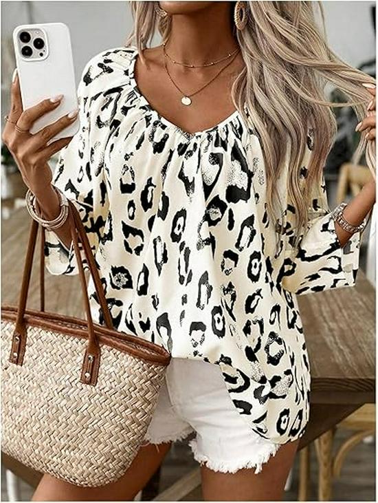 

Рубашка цвета хаки с леопардовым принтом, глубоким V-образным вырезом и сборками - Весенне-летняя женская мода, рукав три четверти 2024 Small бежевый