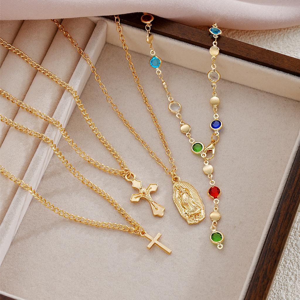 4Pcs/Set Cross Colorful Crystal Necklaces For Women Simple Gold Silver Color Y-Shaped Pendant Necklace Set New Christian Jewelry