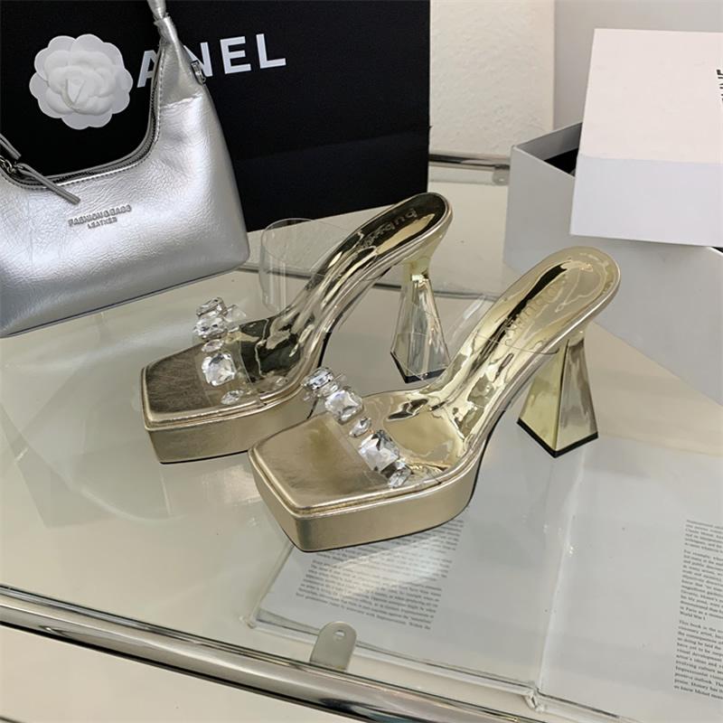 Women PVC Transparent Open Toe Woman Slippers Ladies Fashion Crystal Thick High Heel Summer Ladies Shoes Zapatillas De Mujer